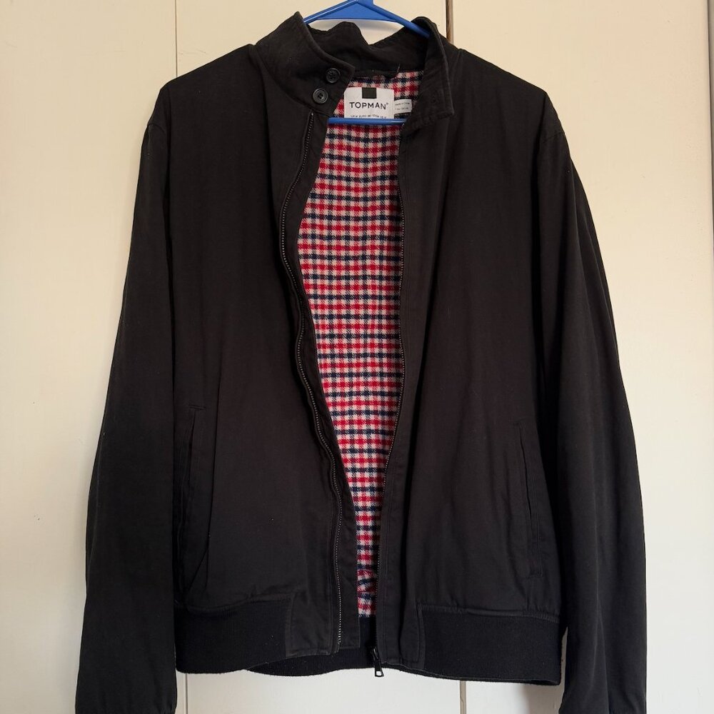 Topman Black Harrington Red Checkered Quilted Jacket in M